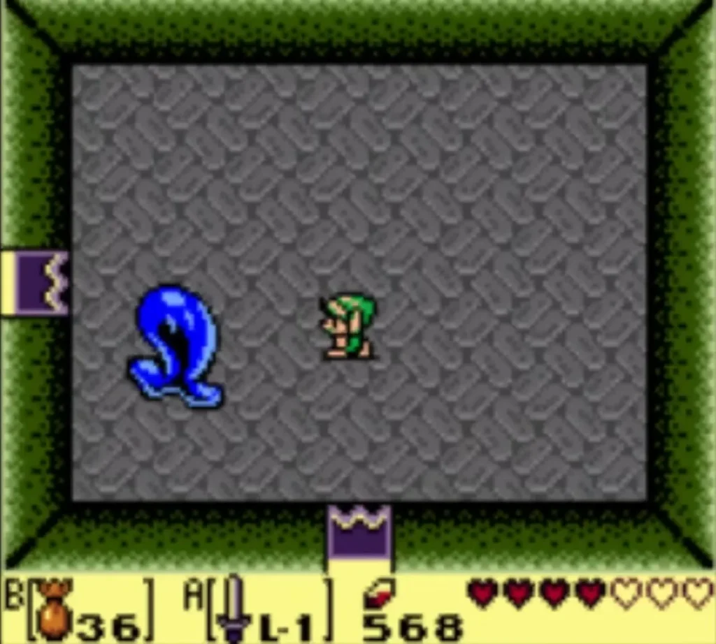 Blue Giant Buzz Blob on the left of a grey room as Link watches, before any Magic Powder Blue Giant Buzz Blob on the left of a grey room as Link watches, before any Magic Powder