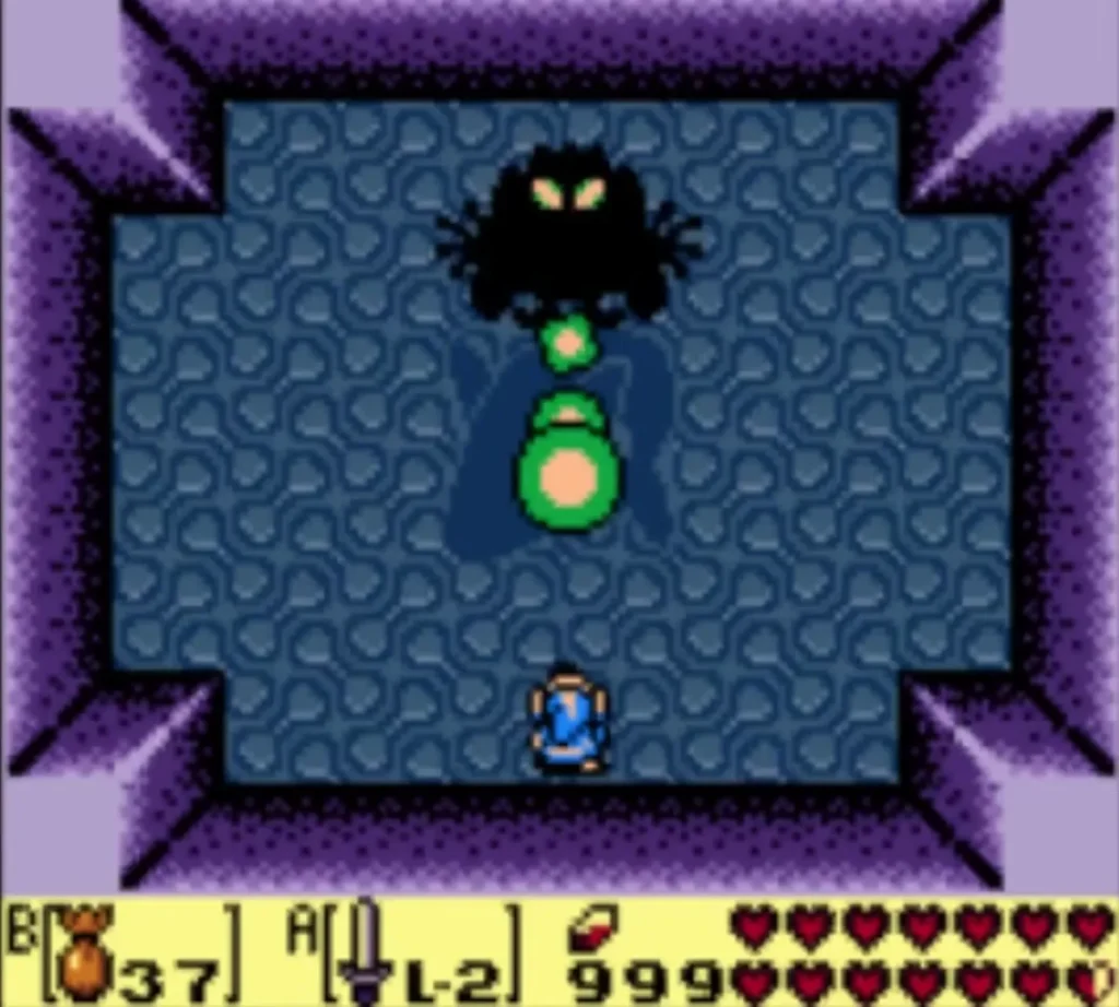 Magic Powder drifts over the Giant Zol in the arena, with Link at the bottom edge Magic Powder drifts over the Giant Zol in the arena, with Link at the bottom edge