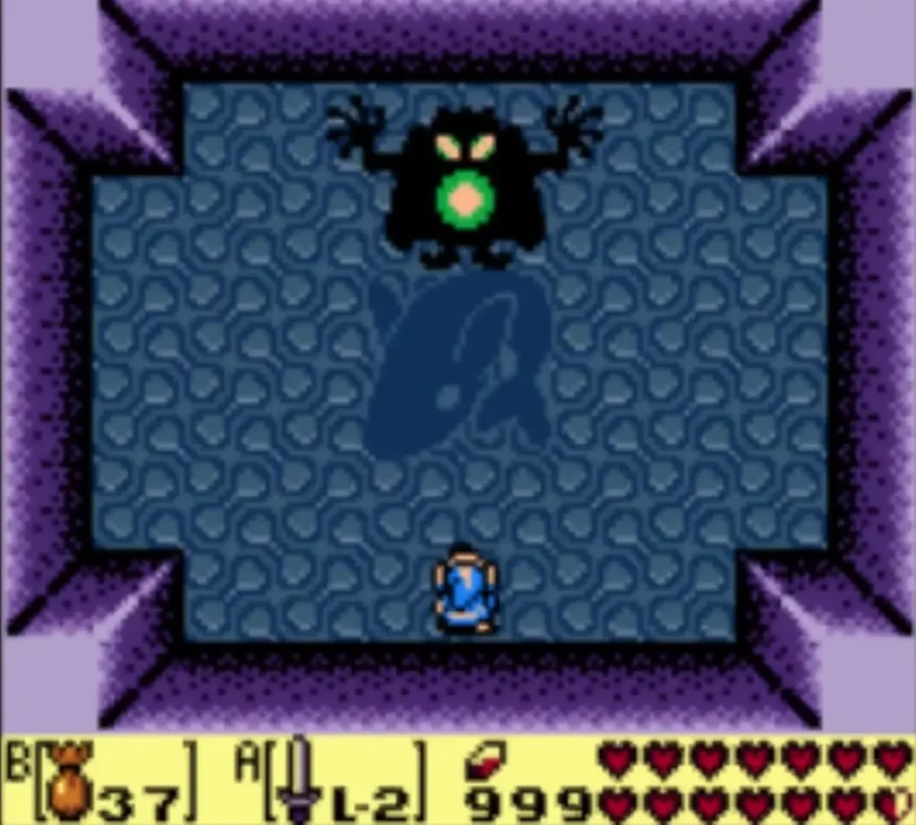 Giant black shape with a green core at the bottom right of the arena, Link at the top edge Giant black shape with a green core at the bottom right of the arena, Link at the top edge