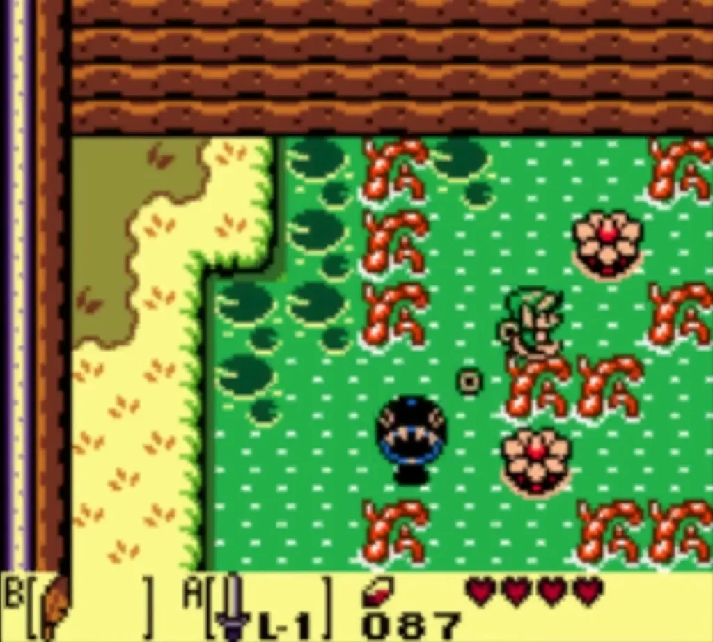 BowWow charging toward a pink Goponga Flower in the swamp while Link watches BowWow charging toward a pink Goponga Flower in the swamp while Link watches