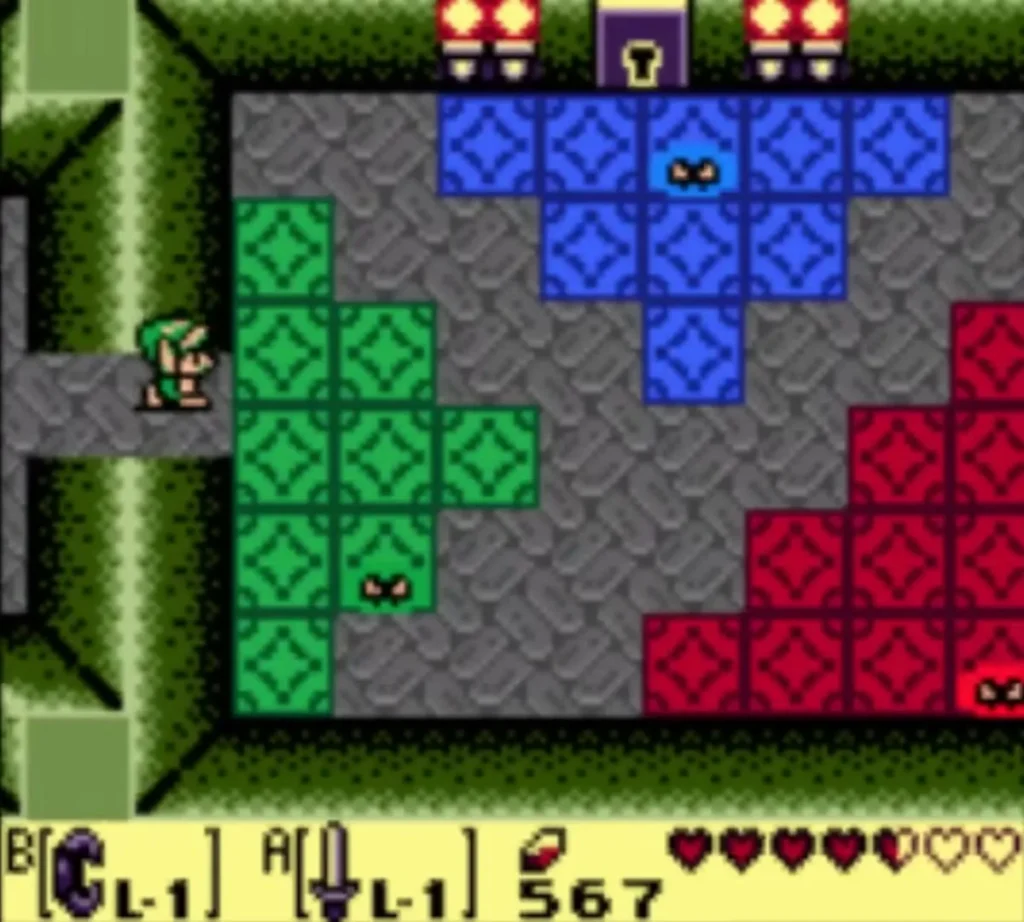 A Green Camo Goblin showing only its eyes on the green floor tiles as Link enters A Green Camo Goblin showing only its eyes on the green floor tiles as Link enters