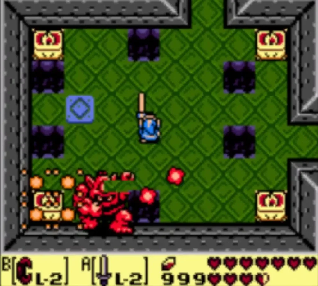 Red Hinox with bomb sparks around it in a dungeon room while Link keeps his distance Red Hinox with bomb sparks around it in a dungeon room while Link keeps his distance