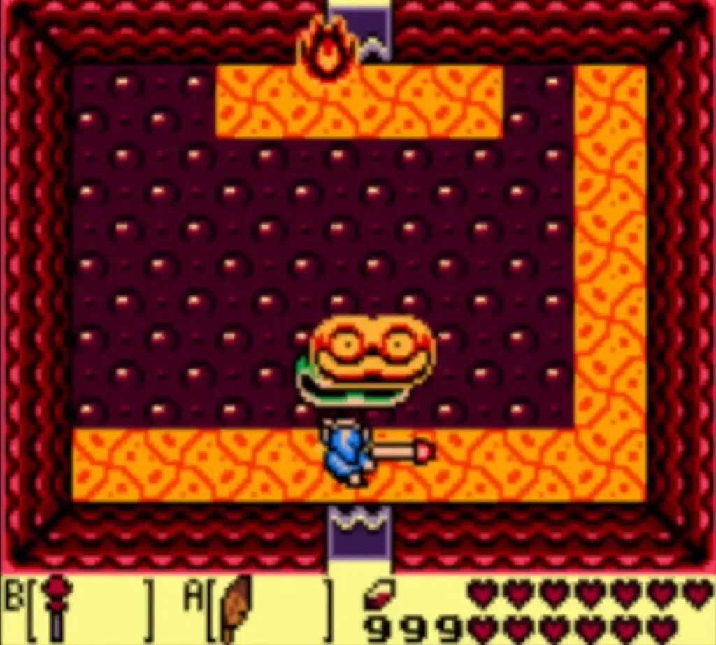 Link firing the Magic Rod at a Hot Head in a lava-ringed room Link firing the Magic Rod at a Hot Head in a lava-ringed room