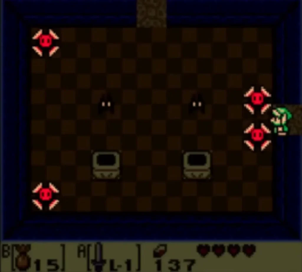 Keese swooping in the dark Bottle Grotto room with red blade traps along the walls Keese swooping in the dark Bottle Grotto room with red blade traps along the walls