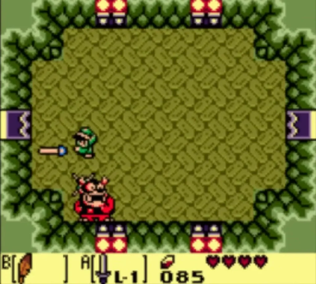 King Moblin hopping in the Moblin Cave with a spear flying across the room King Moblin hopping in the Moblin Cave with a spear flying across the room