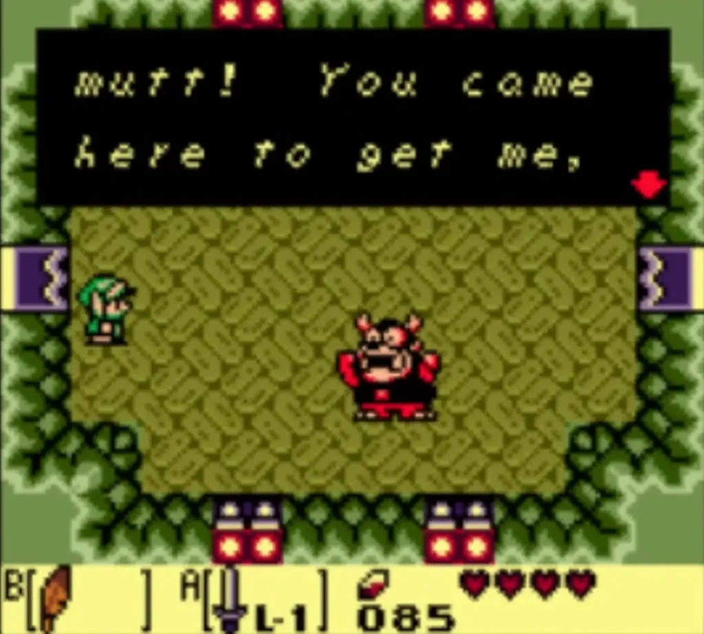 King Moblin shouting from the middle of the Moblin Cave, with Link at the left wall King Moblin shouting from the middle of the Moblin Cave, with Link at the left wall