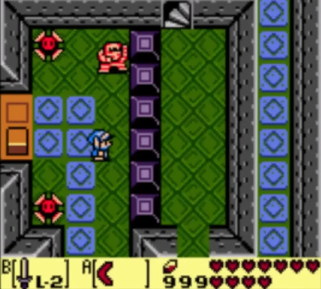 A pink Like Like and red enemies beside the purple pillars of an Eagle's Tower room A pink Like Like and red enemies beside the purple pillars of an Eagle's Tower room