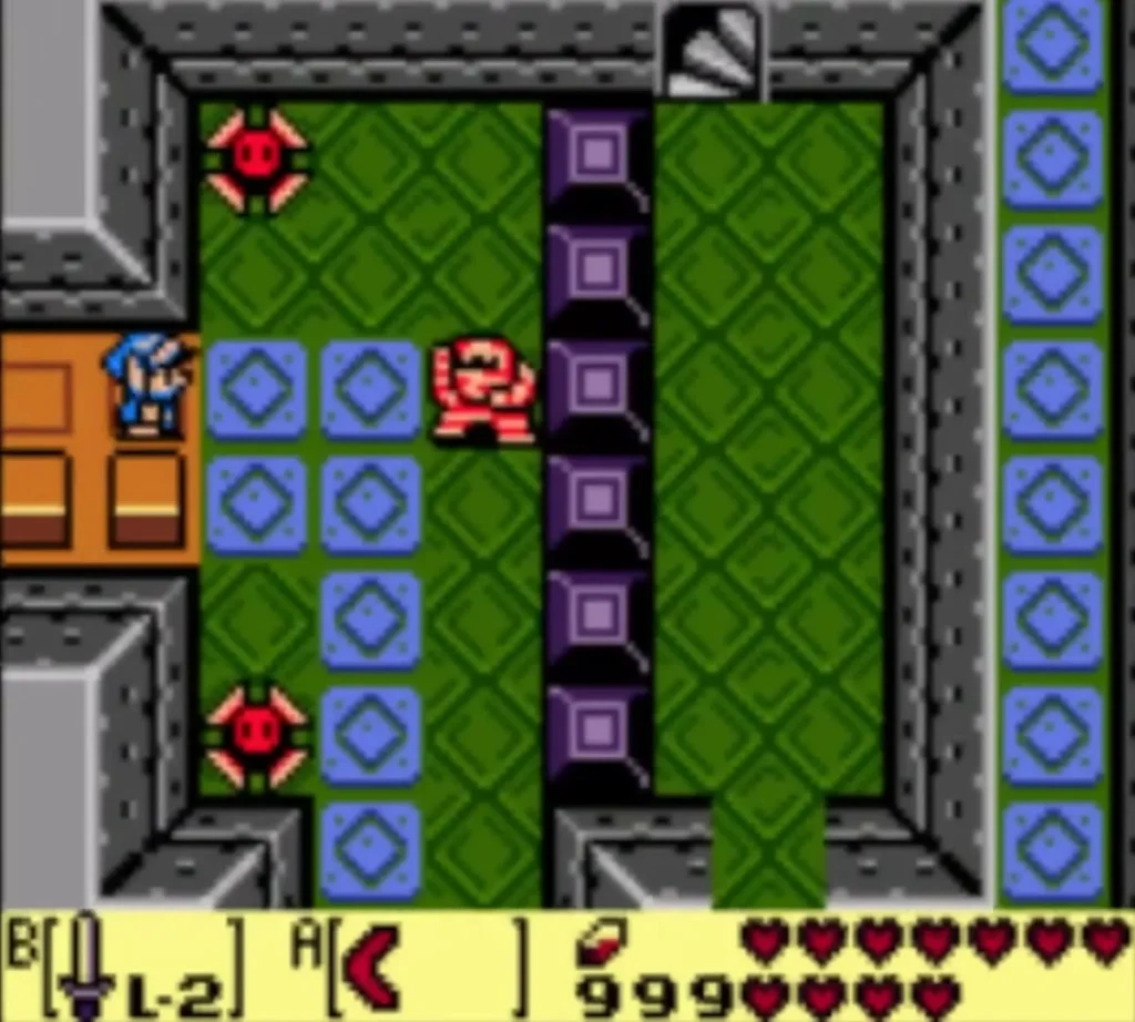 Link in an Eagle's Tower room with a pink Like Like and red enemies near the blue blocks Link in an Eagle's Tower room with a pink Like Like and red enemies near the blue blocks