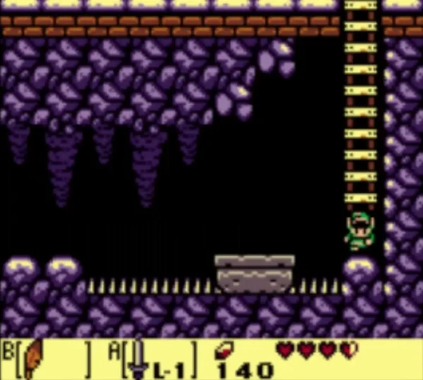 Link on a ladder above a stone lift resting over a row of spikes in Bottle Grotto Link on a ladder above a stone lift resting over a row of spikes in Bottle Grotto