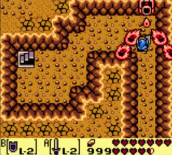 Link stands among red flames in the cave on the way to Turtle Rock Link stands among red flames in the cave on the way to Turtle Rock