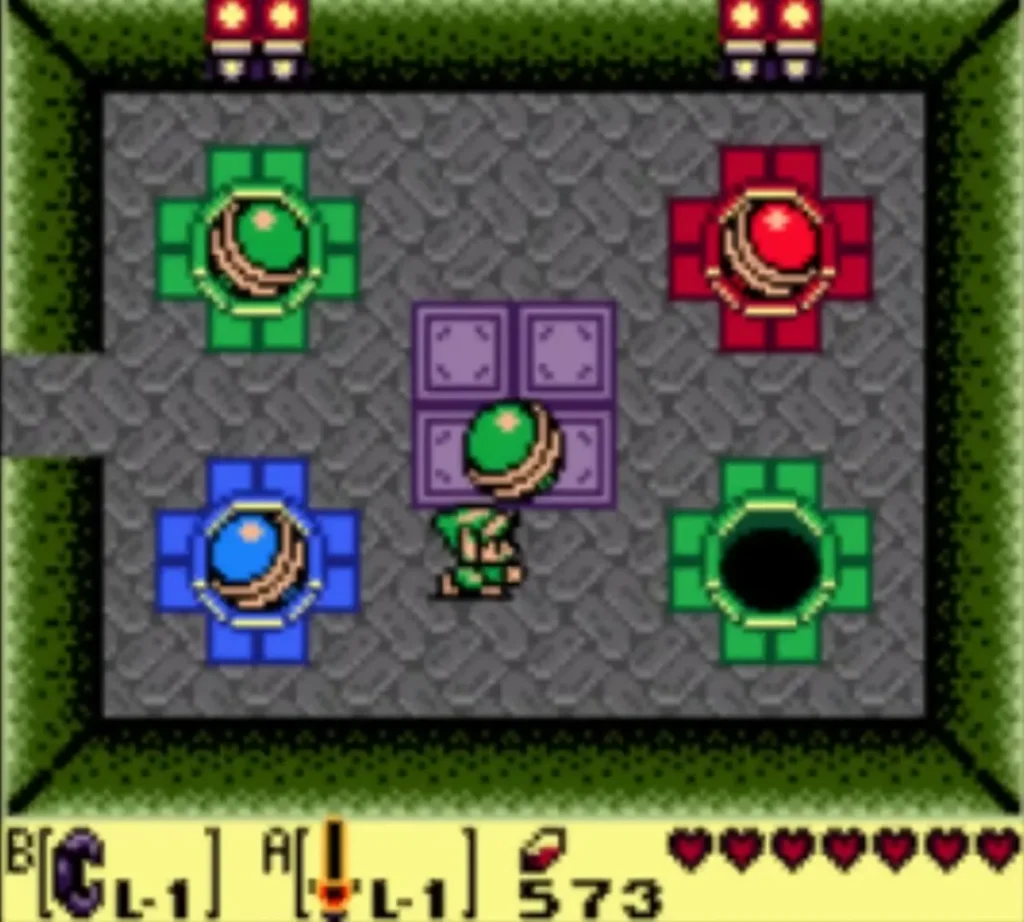 Link carrying a Green Orb Monster toward the remaining green hole Link carrying a Green Orb Monster toward the remaining green hole