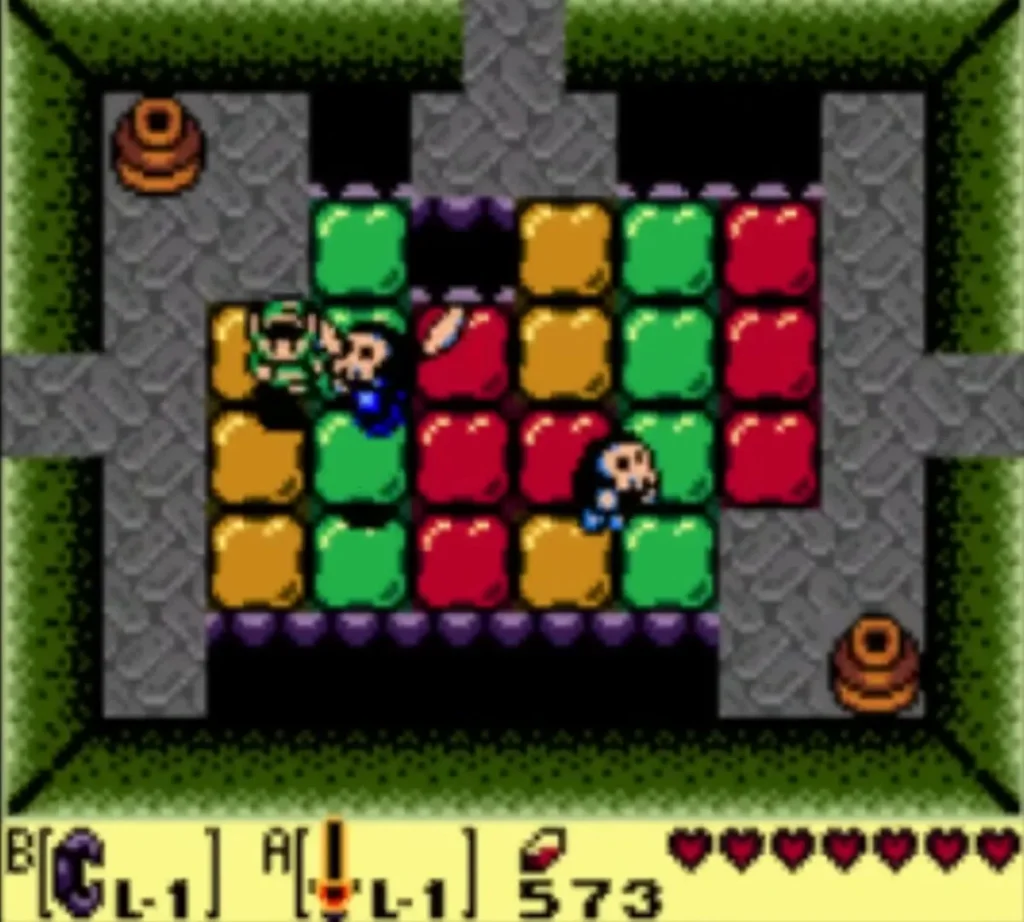 Link swinging at a Bone Putter among the colored platforms Link swinging at a Bone Putter among the colored platforms