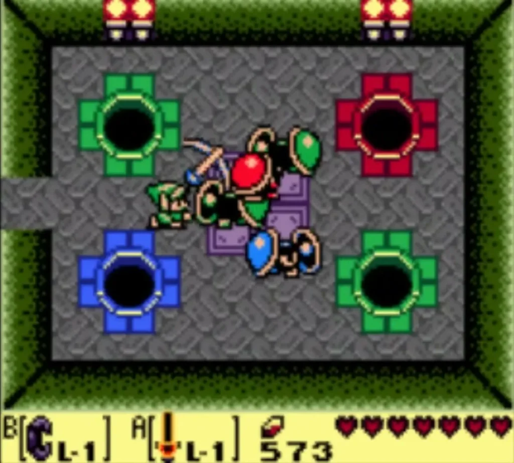 Link striking the Red Orb Monster among the other orbs in the orb room Link striking the Red Orb Monster among the other orbs in the orb room