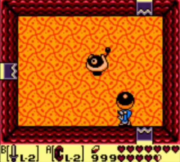 Link holding a heavy black ball above his head in a lava room Link holding a heavy black ball above his head in a lava room