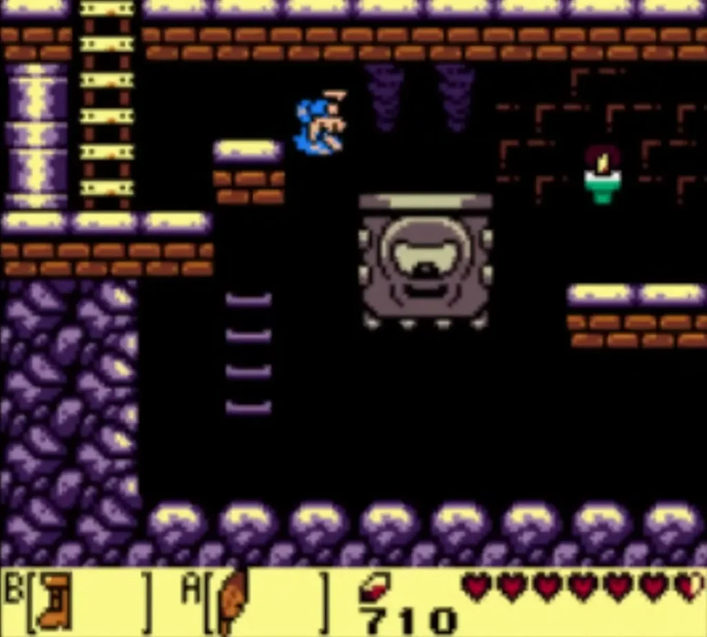 Link leaps beside a resting spiked Thwomp over the floor of Angler Tunnel Link leaps beside a resting spiked Thwomp over the floor of Angler Tunnel