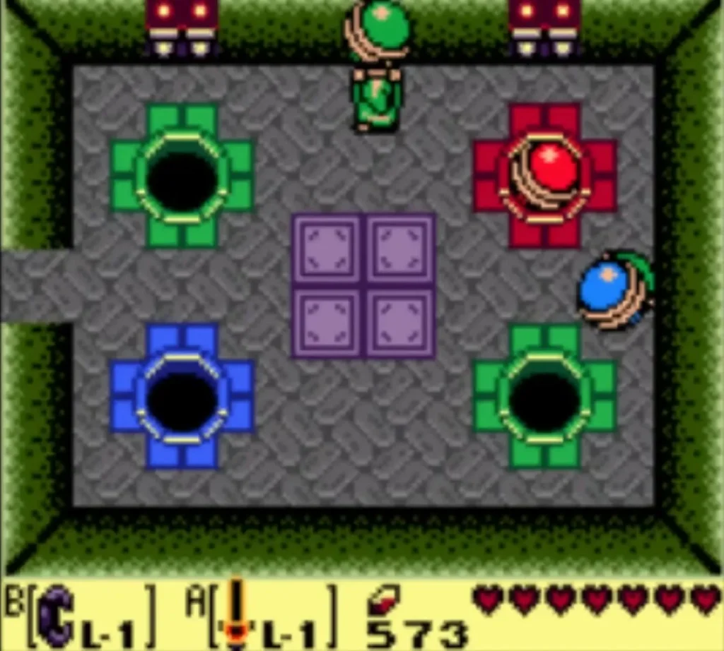 Link lifting a Green Orb Monster above his head in the orb room Link lifting a Green Orb Monster above his head in the orb room