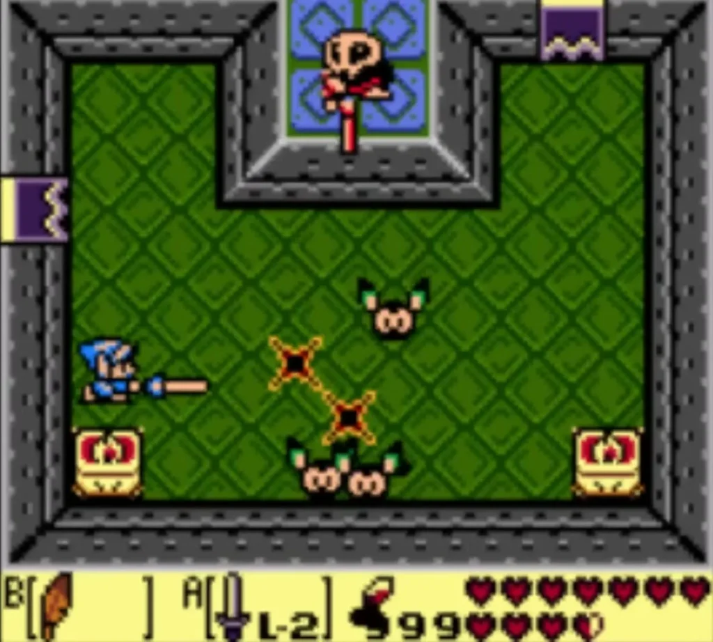 Link thrusting his sword toward Big Keese in a green-tiled room under the Grim Creeper Link thrusting his sword toward Big Keese in a green-tiled room under the Grim Creeper