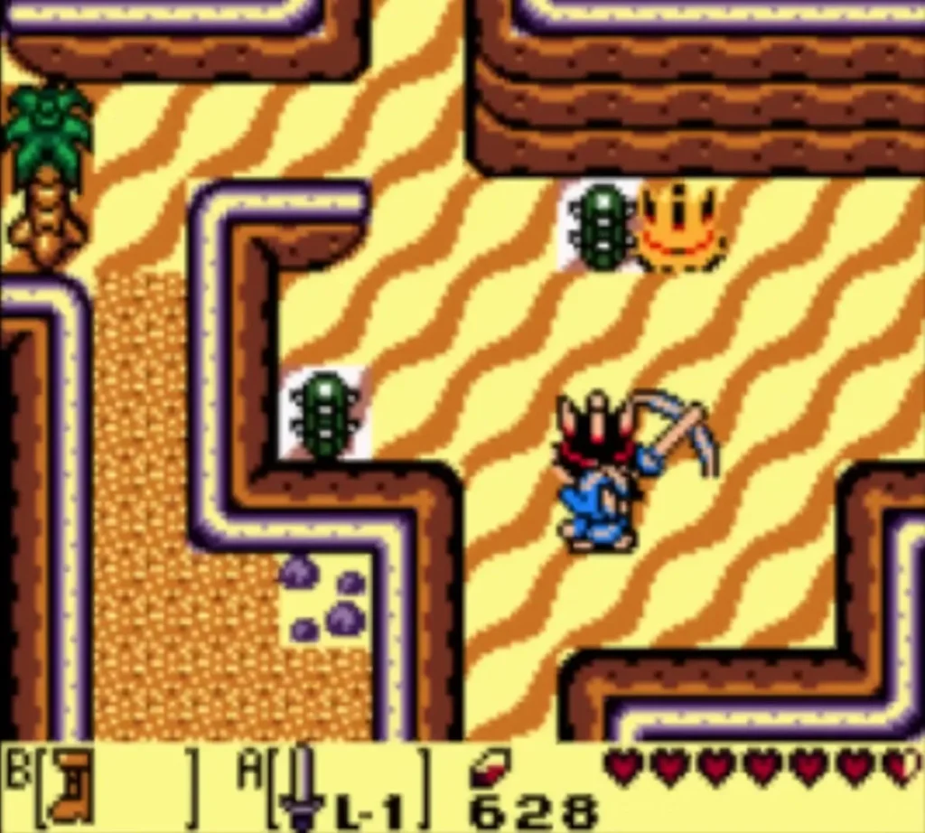 Link on the Yarna Desert sand with a dark Pincer above him Link on the Yarna Desert sand with a dark Pincer above him