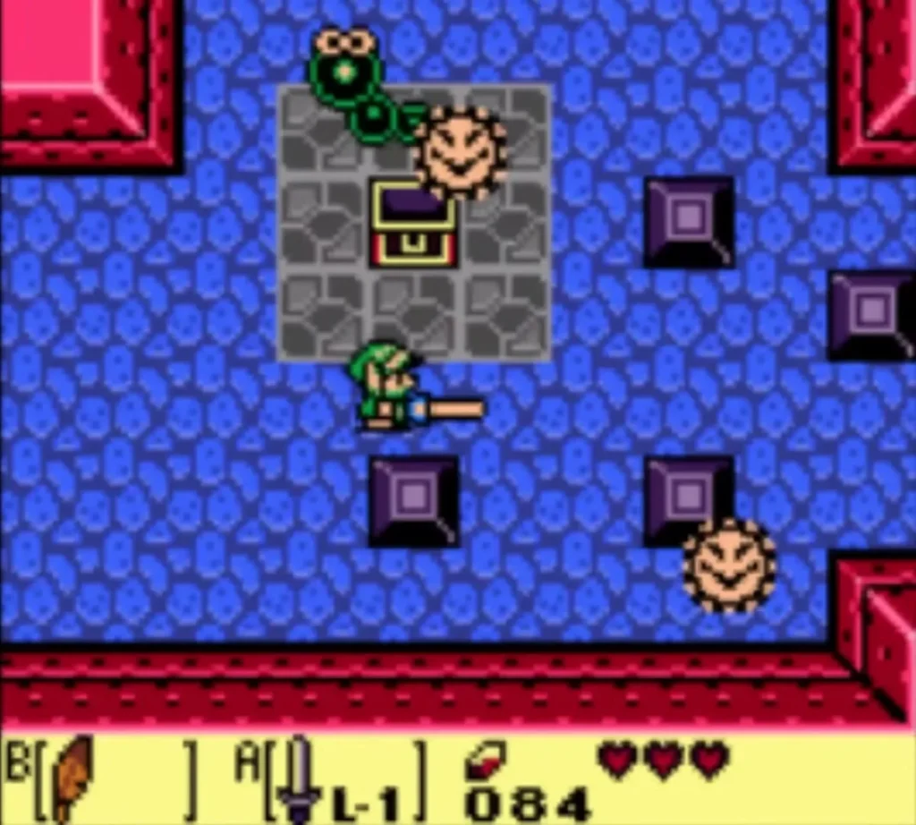 Link thrusting his Sword toward the Stars circling the chest platform in Tail Cave Link thrusting his Sword toward the Stars circling the chest platform in Tail Cave