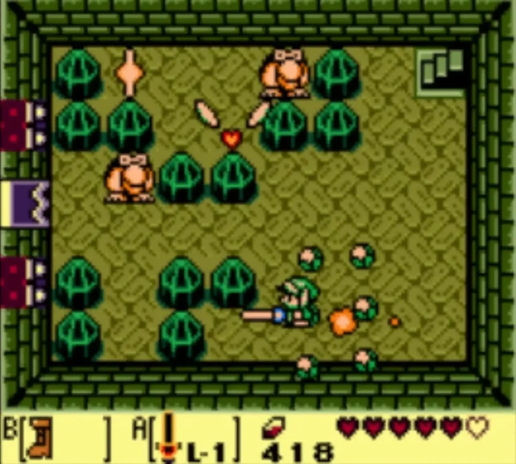 Link swings his Sword as small green Gels scatter around him in a Key Cavern room Link swings his Sword as small green Gels scatter around him in a Key Cavern room