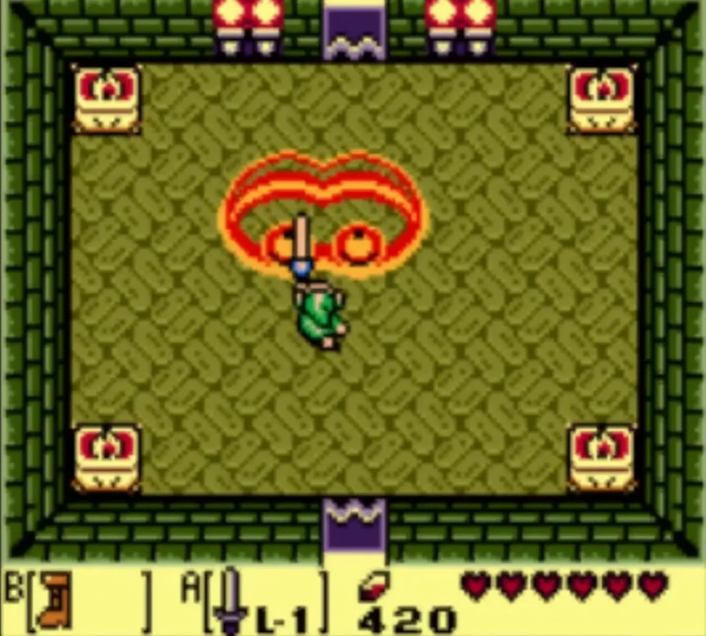 Link slashing up at the red-ringed Slime Eye in the olive-floored room with his sword Link slashing up at the red-ringed Slime Eye in the olive-floored room with his sword