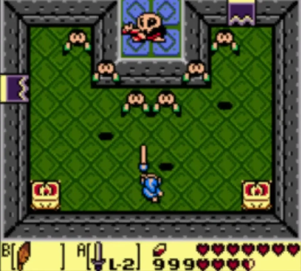 Link thrusts his Sword upward as a pair of Battle Bats dive at him Link thrusts his Sword upward as a pair of Battle Bats dive at him