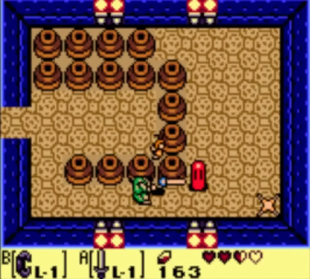 Link swinging his Sword at a red Zol after it breaks apart among the pots Link swinging his Sword at a red Zol after it breaks apart among the pots