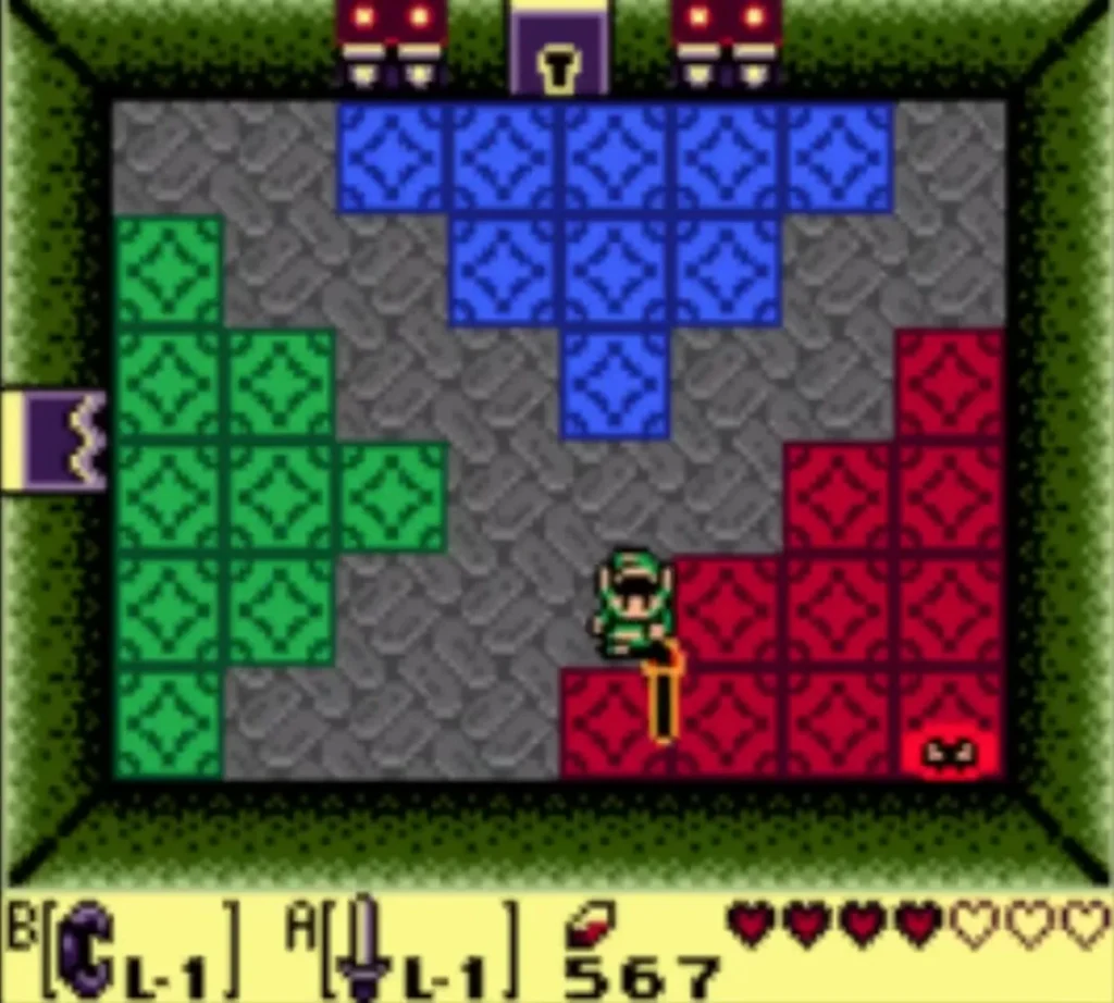 Link striking down at the red tiles where a Red Camo Goblin hides its eyes Link striking down at the red tiles where a Red Camo Goblin hides its eyes