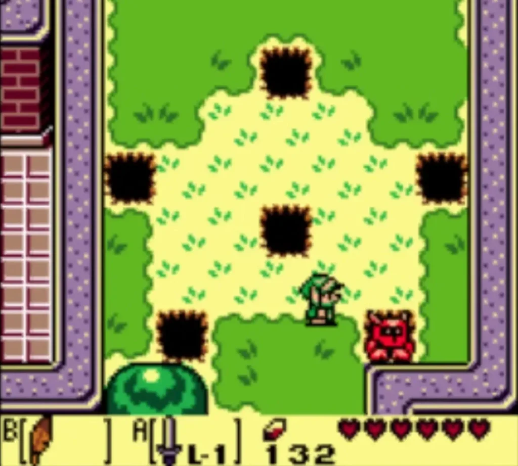 A red Mad Bomber standing next to Link in the Kanalet Castle courtyard of holes A red Mad Bomber standing next to Link in the Kanalet Castle courtyard of holes