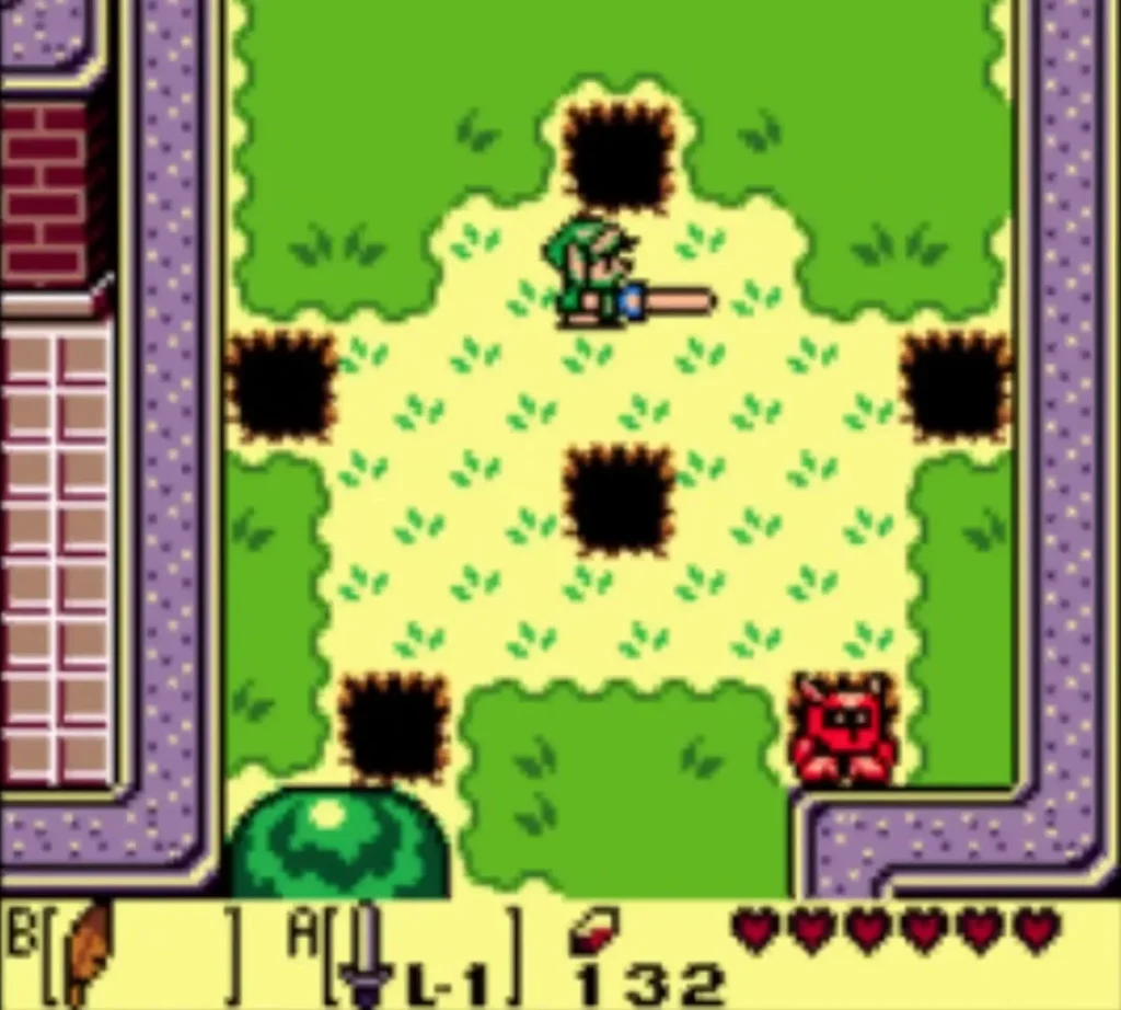 A red Mad Bomber at the top left of the Kanalet Castle courtyard, with Link below A red Mad Bomber at the top left of the Kanalet Castle courtyard, with Link below