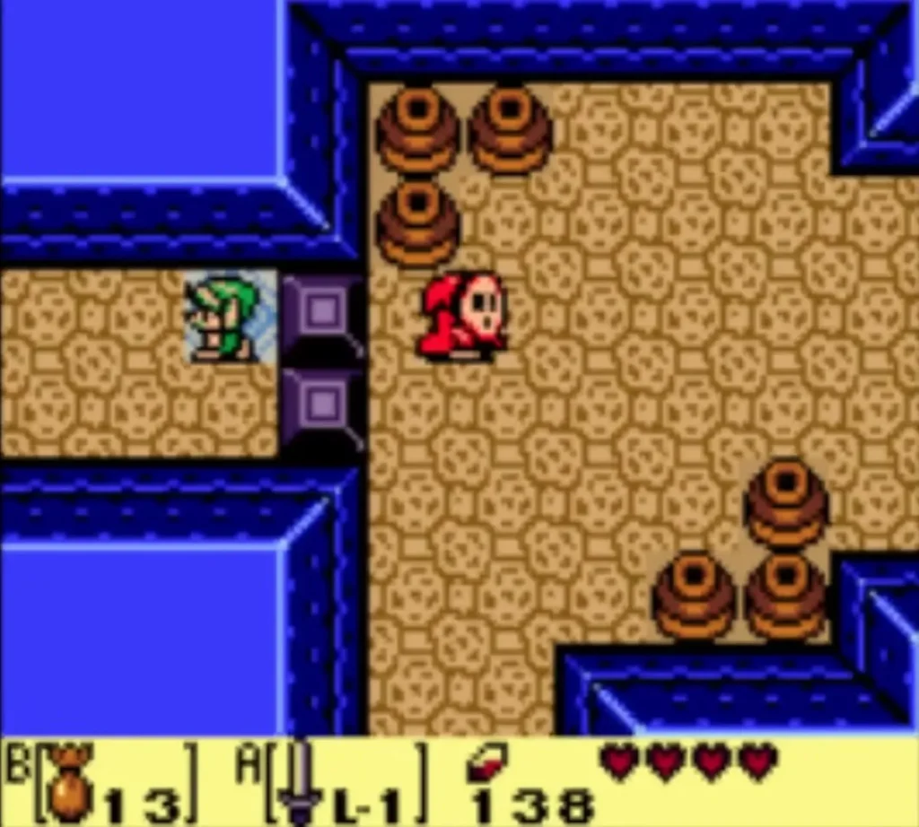 A Mask-Mimic facing Link in the narrow passage of Bottle Grotto A Mask-Mimic facing Link in the narrow passage of Bottle Grotto