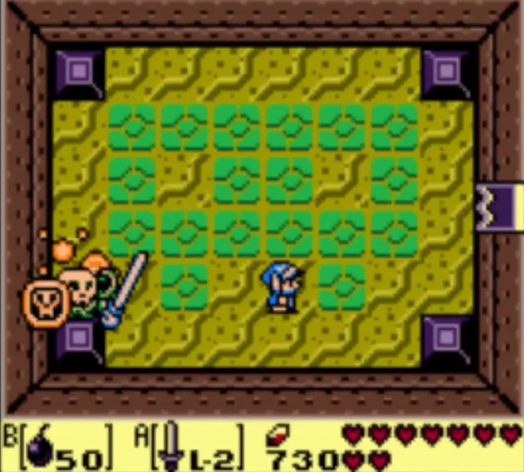 Master Stalfos with its skull shield hit by a flame burst near a room's left wall Master Stalfos with its skull shield hit by a flame burst near a room's left wall