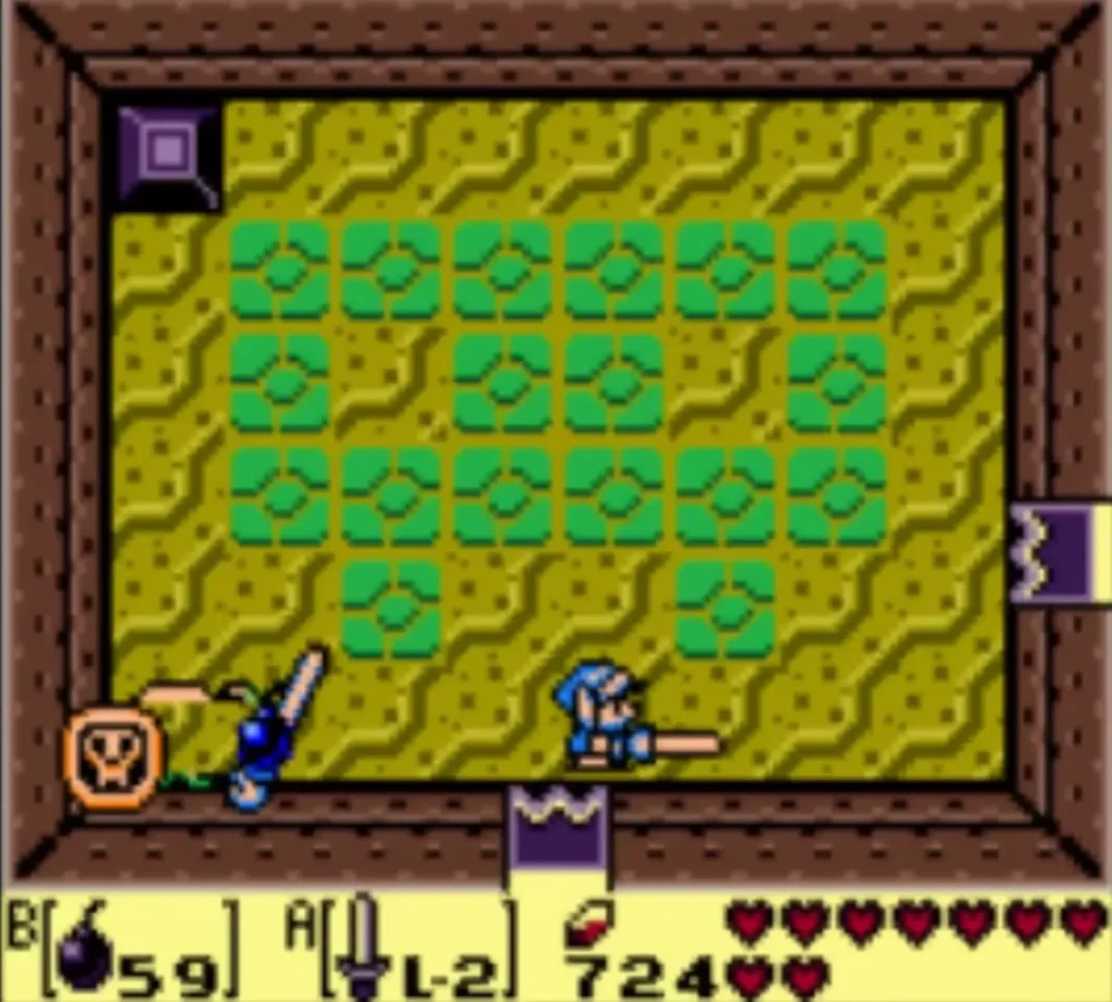 Master Stalfos with its skull shield fighting Link in a green-tiled room of Catfish's Maw Master Stalfos with its skull shield fighting Link in a green-tiled room of Catfish's Maw