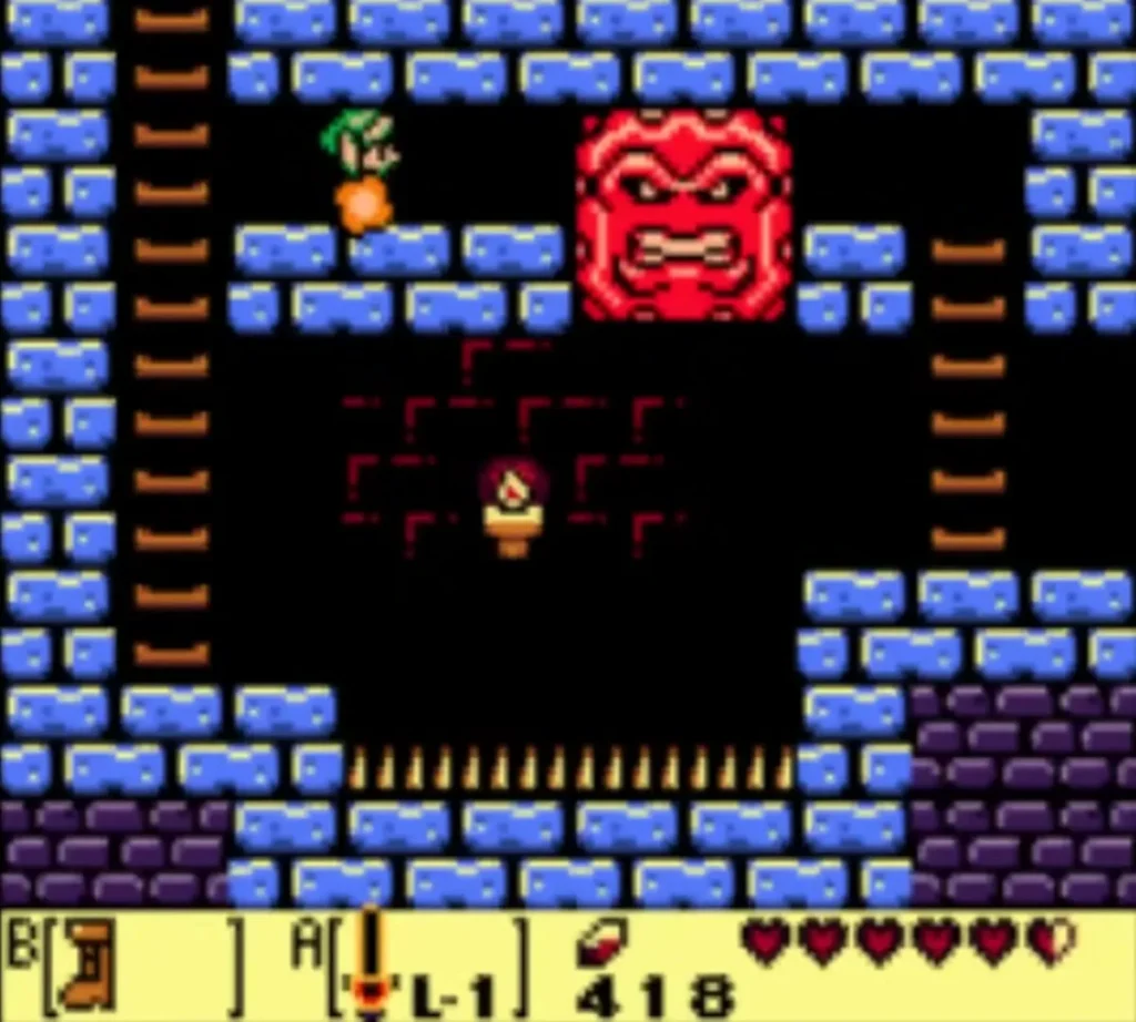A blue Mega Thwomp hangs near the top of the side-view passage above the spikes as Link stands on the ledge A blue Mega Thwomp hangs near the top of the side-view passage above the spikes as Link stands on the ledge