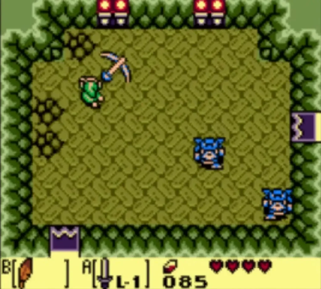 Link with the Sword in a hedge-walled Moblin Hideout room facing blue Moblins Link with the Sword in a hedge-walled Moblin Hideout room facing blue Moblins