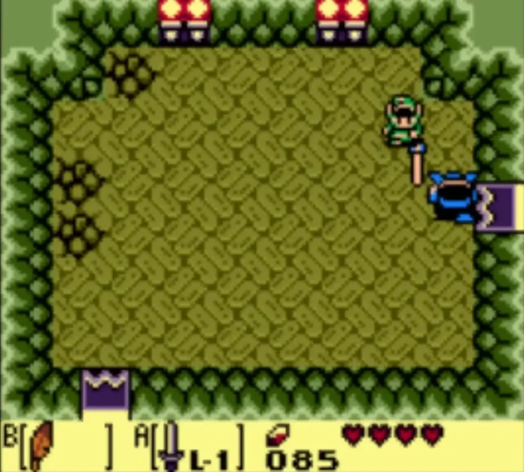 Link swinging the Sword at a blue Moblin by the east doorway of the Moblin Hideout Link swinging the Sword at a blue Moblin by the east doorway of the Moblin Hideout