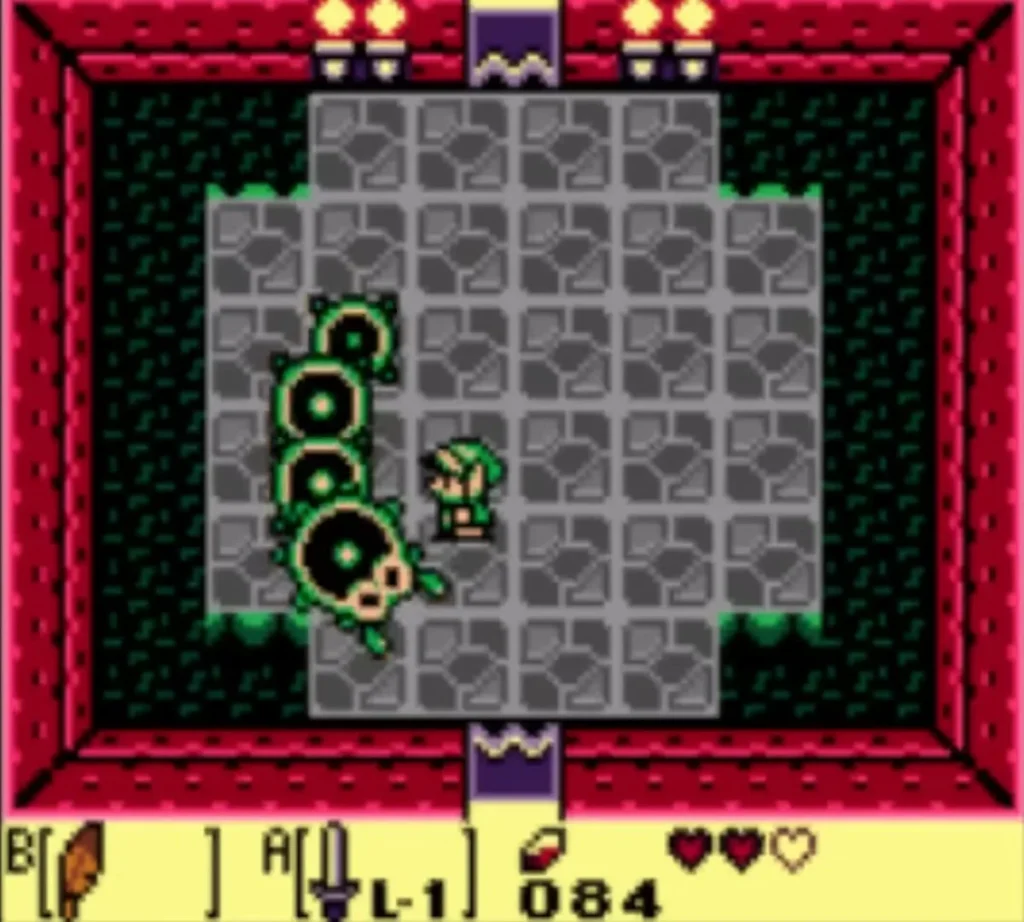 Moldorm coiled along the arena wall beside Link in Tail Cave Moldorm coiled along the arena wall beside Link in Tail Cave