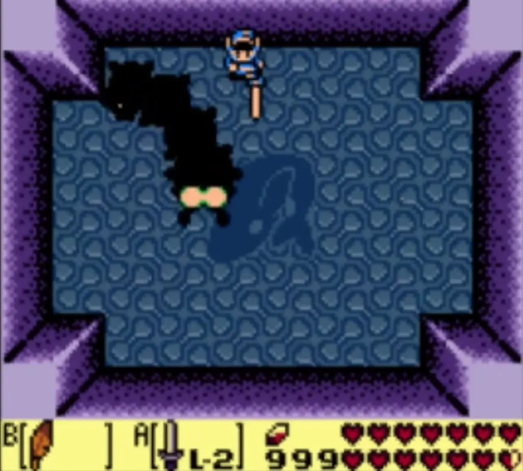 Dark Moldorm shadow with its tail curling across the top left of the dream room while Link stands above Dark Moldorm shadow with its tail curling across the top left of the dream room while Link stands above