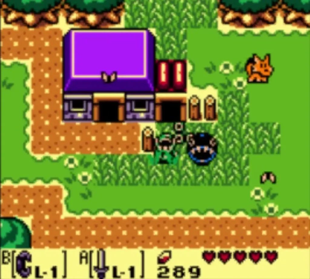 An orange Mutt on the grass of Mabe Village near the purple-roofed house, with BowWow nearby An orange Mutt on the grass of Mabe Village near the purple-roofed house, with BowWow nearby