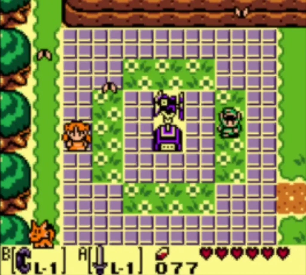 An orange Mutt sitting at the edge of the tiled plaza in Mabe Village with Link on the right An orange Mutt sitting at the edge of the tiled plaza in Mabe Village with Link on the right