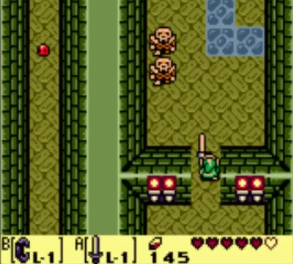 Two Pairodds standing near the stone floor tiles of the Key Cavern as Link raises his Sword Two Pairodds standing near the stone floor tiles of the Key Cavern as Link raises his Sword