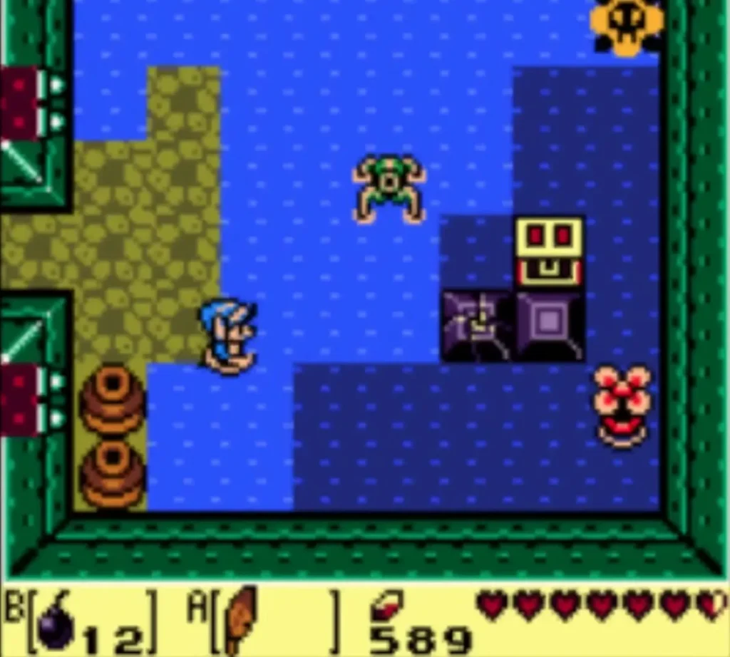 A Peahat hovering beside the water in a room of Angler's Tunnel with Link on the shore A Peahat hovering beside the water in a room of Angler's Tunnel with Link on the shore