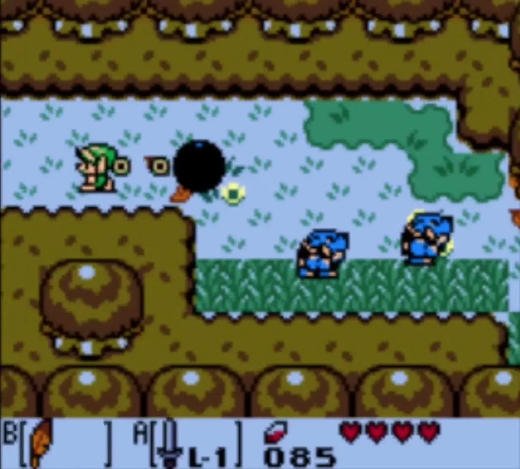 Two blue Pig Warriors in the shallows of the swamp east of the Bottle Grotto entrance with Link on the bank Two blue Pig Warriors in the shallows of the swamp east of the Bottle Grotto entrance with Link on the bank
