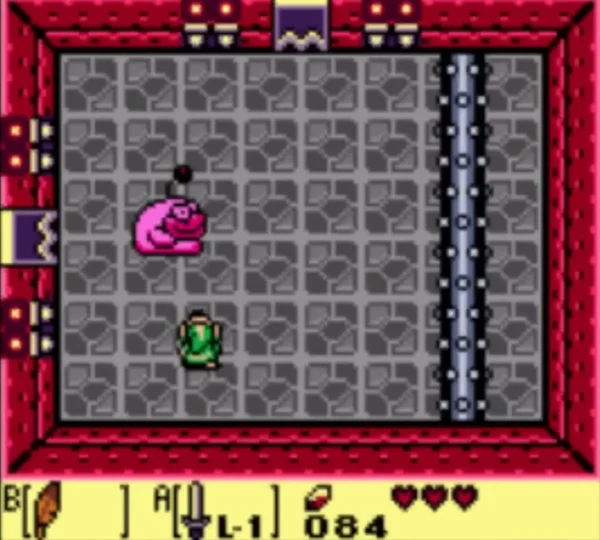 Pink Rolling Bones beside a vertical spiked bar along the right wall of a stone dungeon room Pink Rolling Bones beside a vertical spiked bar along the right wall of a stone dungeon room