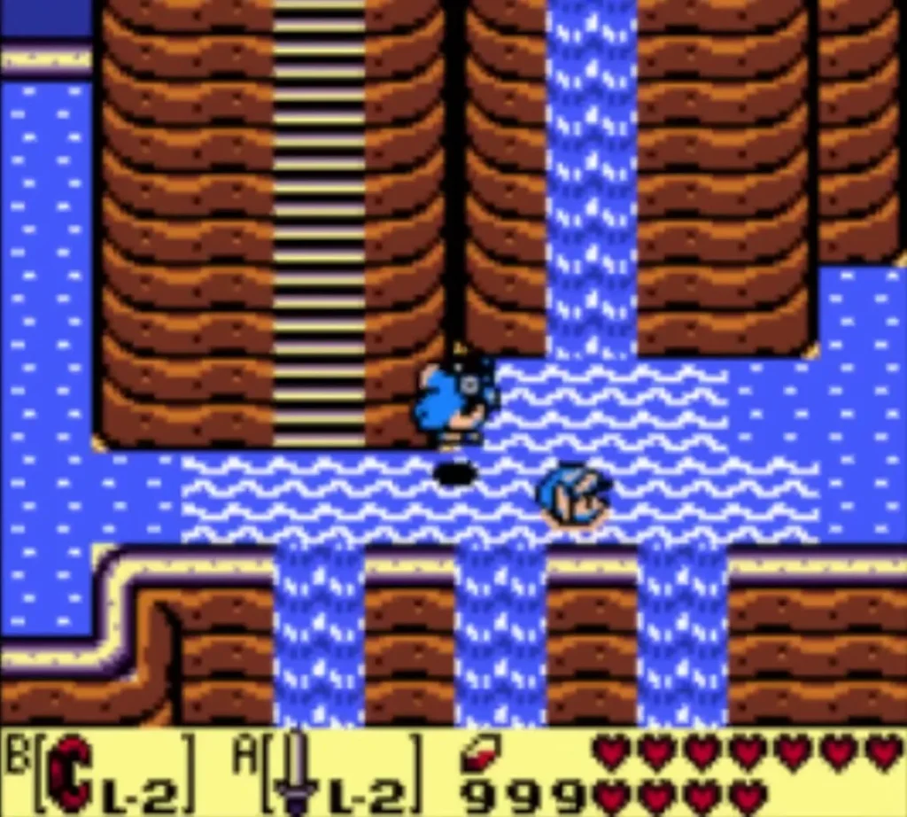 A Piranha leaps from the water beside Link near a cliff waterfall and a staircase A Piranha leaps from the water beside Link near a cliff waterfall and a staircase