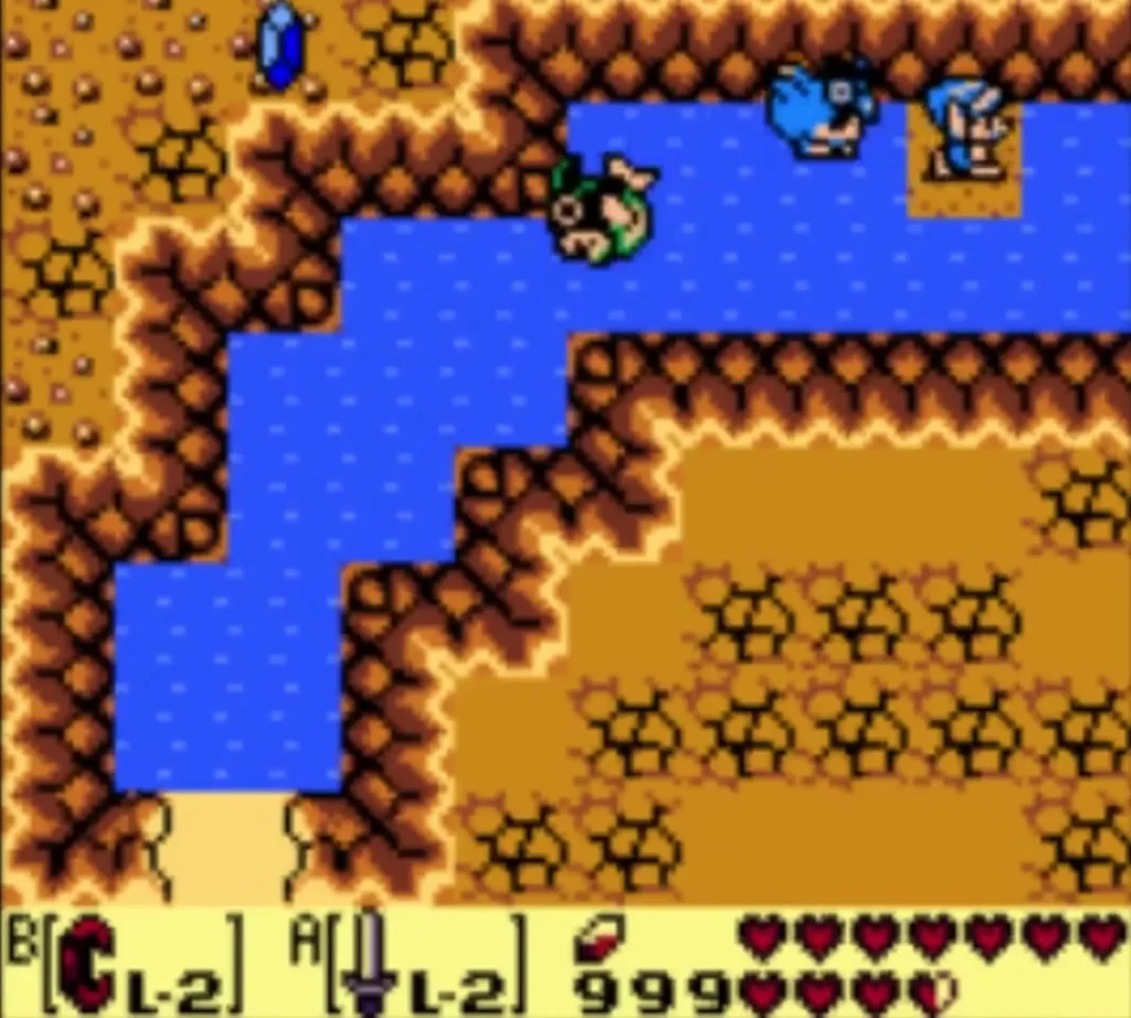 A Piranha leaping out of a narrow cliffside river as Link swims past A Piranha leaping out of a narrow cliffside river as Link swims past