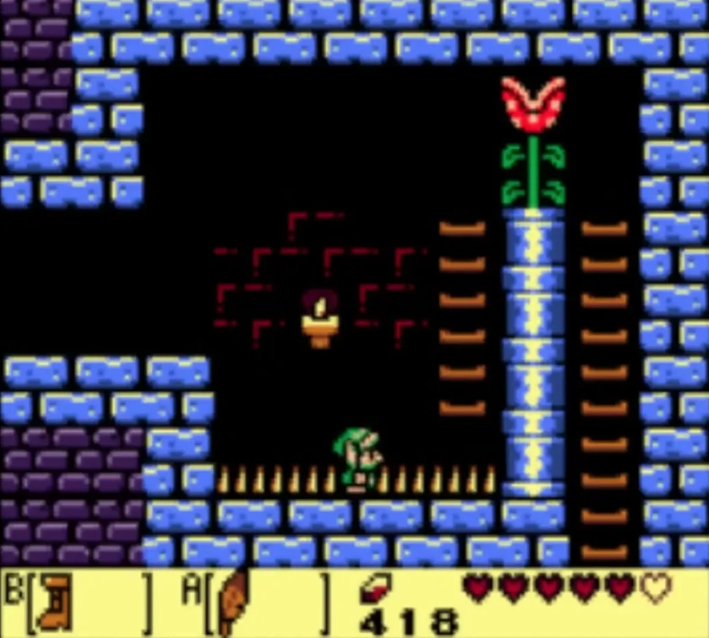 Piranha Plant with its jaws shut at the top of a blue pipe, Link below it near the spike row Piranha Plant with its jaws shut at the top of a blue pipe, Link below it near the spike row
