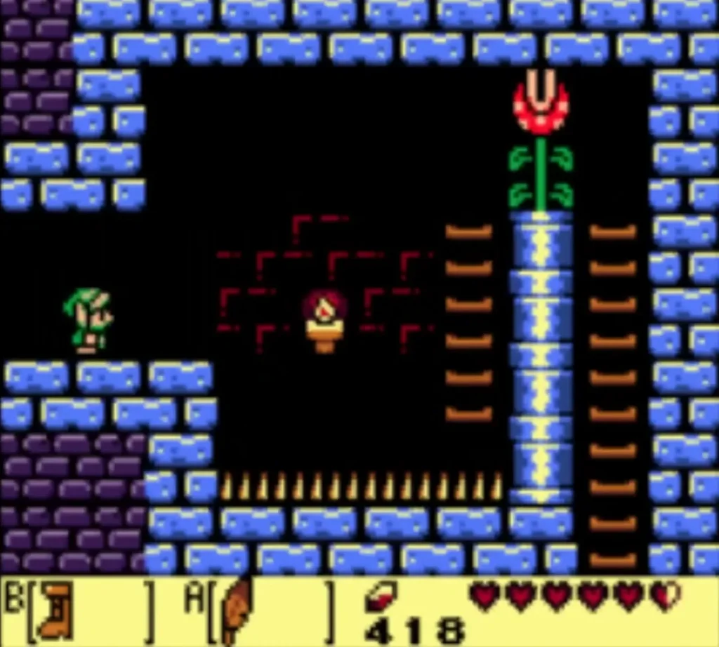 A red Piranha Plant rises above a blue pipe in a side-scrolling Key Cavern passage with Link at the left A red Piranha Plant rises above a blue pipe in a side-scrolling Key Cavern passage with Link at the left