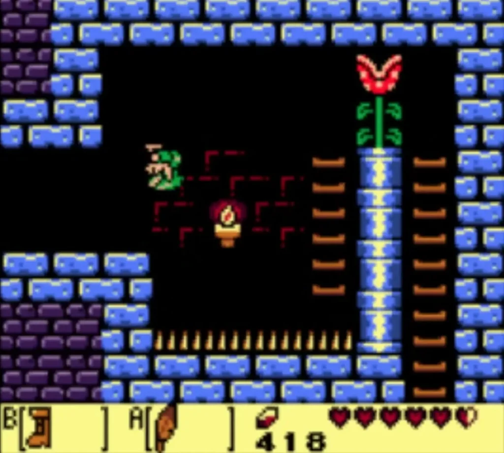 Piranha Plant with its red jaws open at the top of a blue pipe, Link standing to the left Piranha Plant with its red jaws open at the top of a blue pipe, Link standing to the left