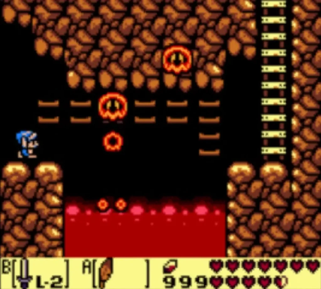 Podoboo fireballs rise from the lava beside Link on a cave ledge Podoboo fireballs rise from the lava beside Link on a cave ledge